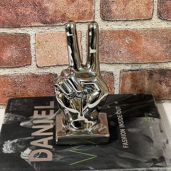 Ceramic Peace Sign Hand Sculpture Figurine Metallic Silver Tone BOHO Decor - Picture 7 of 16